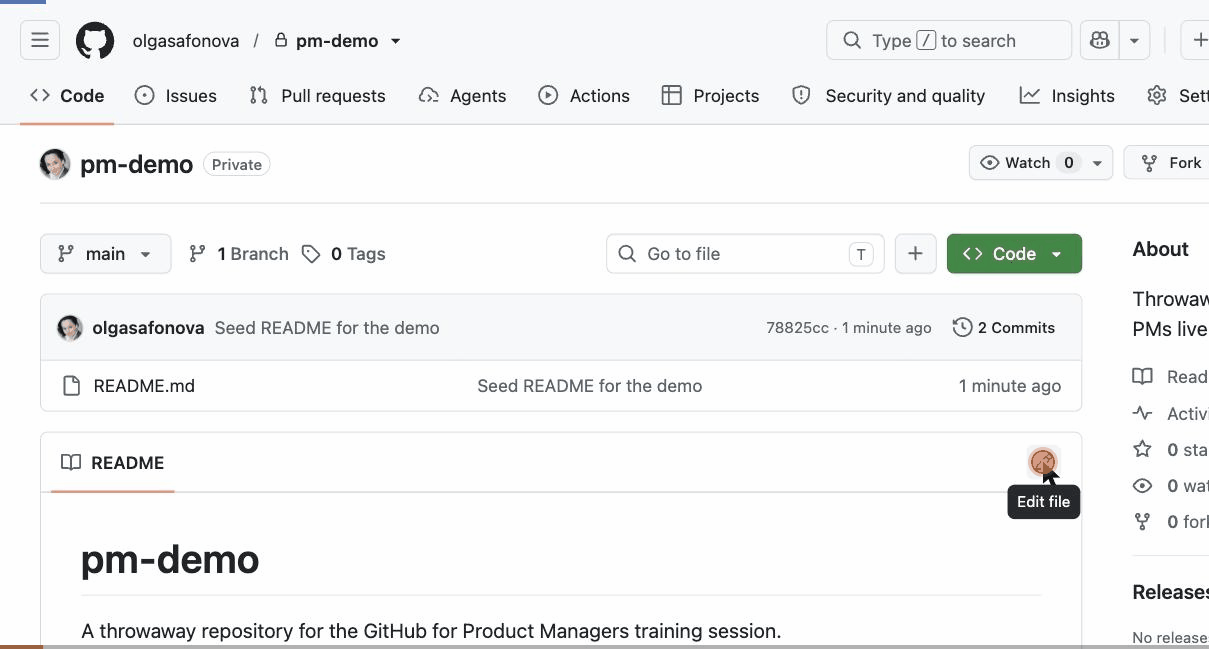 Recording: editing a README, committing on a new branch, opening a pull request, reviewing the diff, and merging it into main on GitHub.